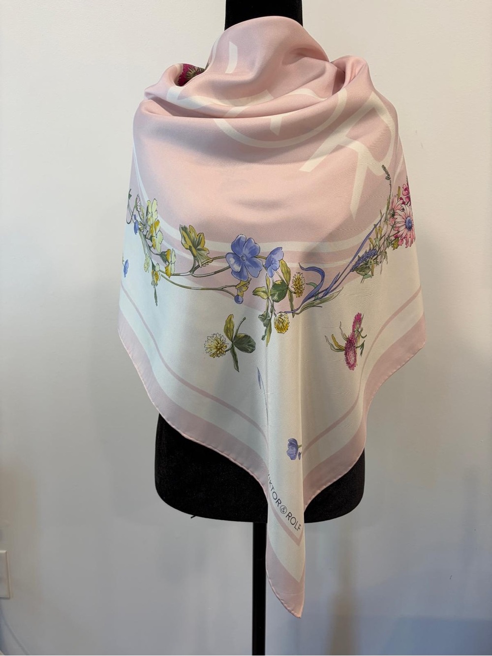 Viktor & Rolf Pastel Pink Floral Wreath Silk Scarf Made in Italy